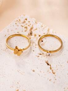 2pcs Stainless Steel Fashion Delicate Matte Butterfly Single Rhinestone Thin Band Rings For Women, Gold Color Minimalist Niche Stackable Finger Rings, Versatile Daily Commute Jewelry - Gold - View 4