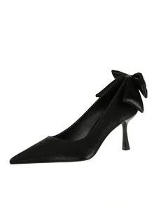 BIGTREE European & American Style Banquet Satin Bow Pointed Toe Low Vamp High Heel Pumps For Women - Black - View 8