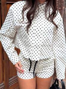 GLAMSKIN Women's Autumn Polka Dot 2 Pieces Set, Zipper Lapel Long Sleeve Cropped Top & Drawstring Shorts, Retro Casual Matching Sportswear Set, Jacket - White Background With Black Dots - View 7