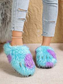 Women's Solid Color Platform Thick Sole Closed Toe Slippers, Thermal Lined Slip-On Bread Shoes, Bohemian Style Indoor/Outdoor Slippers For Autumn/Winter - Blue - View 6