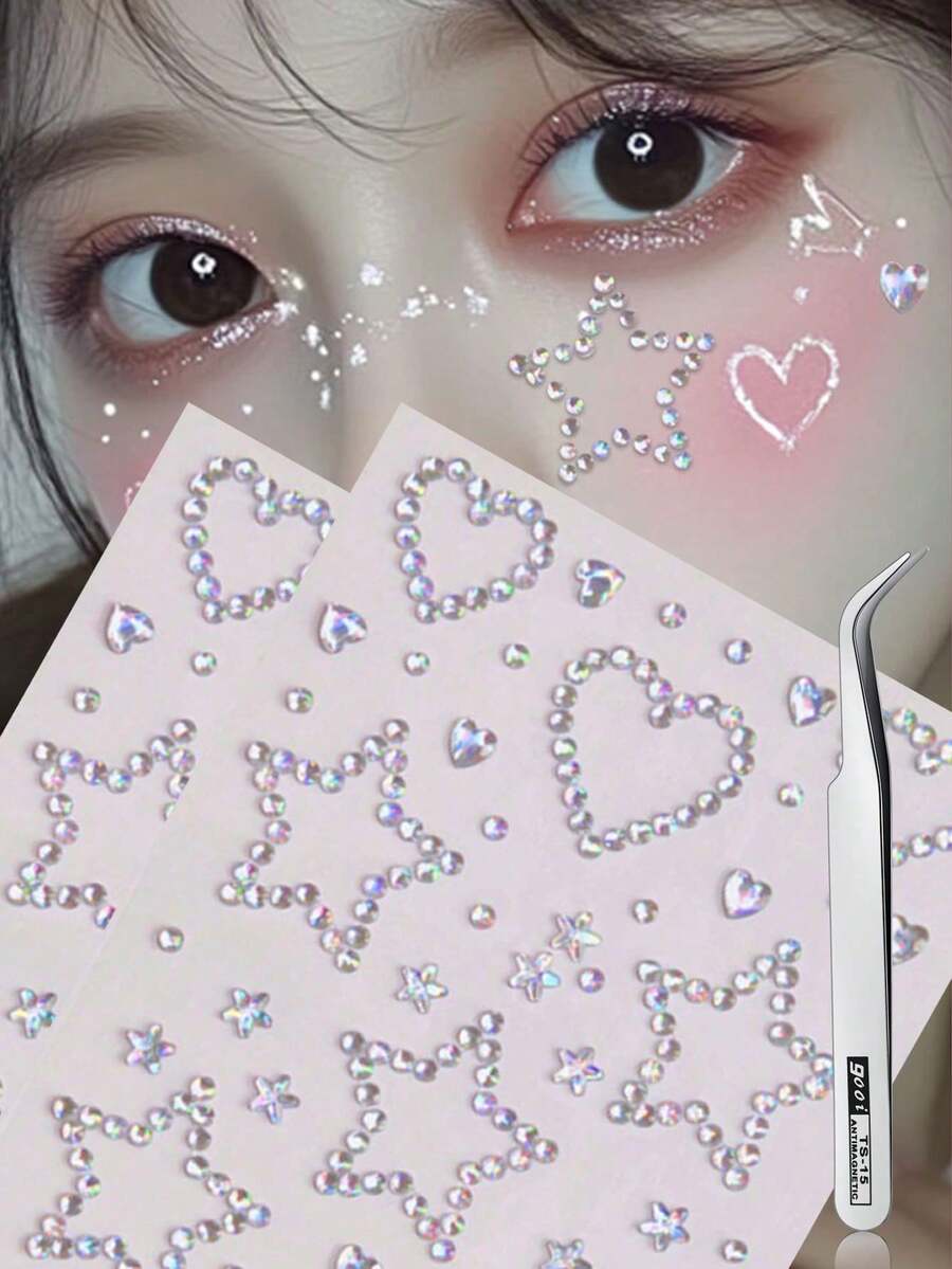 2/4/6pcs Self-Adhesive Heart & Star AB Rhinestone Face Gem Stickers, Waterproof Crystal Eye Decor, Suitable For Music Festivals, Halloween, Y2K Makeup - Multicolor - View 1