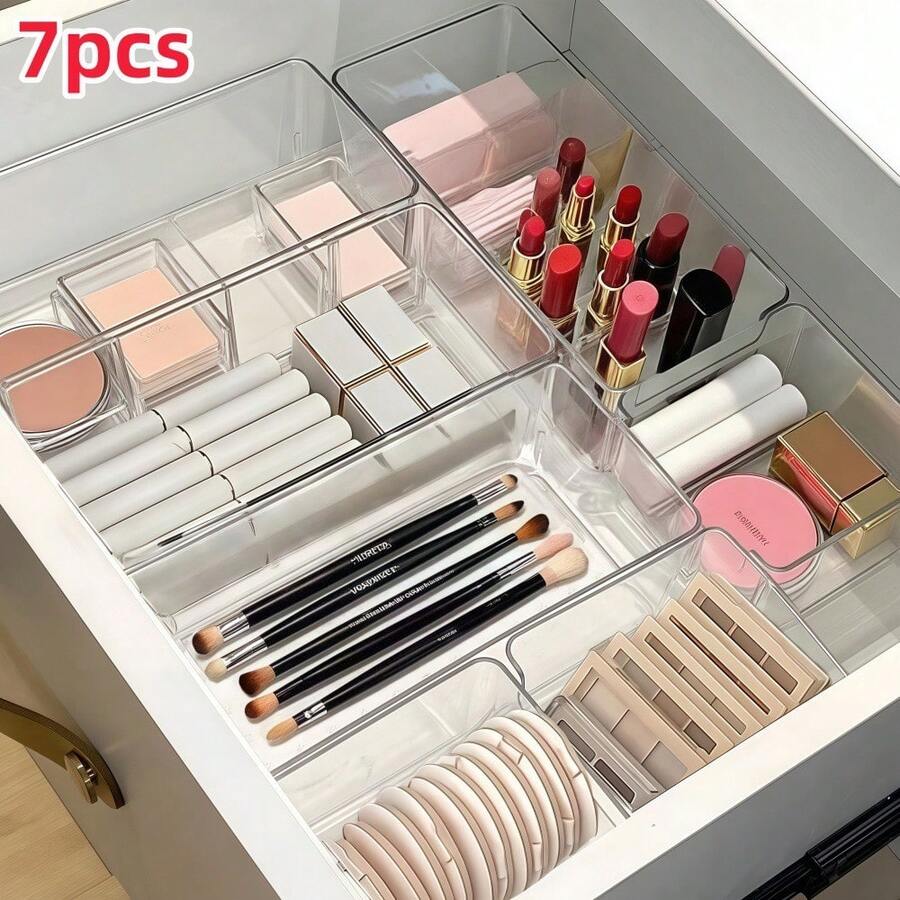 Stackable Clear Drawer Organizer | Rectangular Tray | Small Vanity Organizer & Desktop Drawer Divider Tray