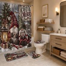 1pc/4pcs Patterned Multi-Functional Bathroom Decor Shower Curtain Set Free 12 Hooks Premium Holiday Atmosphere Bathroom Mat U-Shaped Floor Mat And Round Toilet Lid Cover Suitable For All Scenes Decoration Bathroom Set - Couple's Dwarf Figurines - View 4