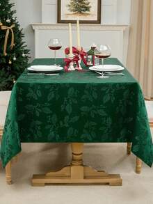 1pc Splash-Proof Winter Holly Element Pattern Jacquard Decorative Tablecloth Cover, Washable Polyester Fabric, Multiple Sizes Square Dining Table Cloth, Suitable For Decoration, Dinner, Gathering, Event, Party Etc. - Dark Green - View 5