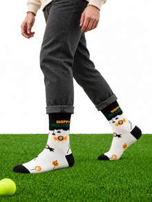4 Pairs Unisex Halloween Tennis Crew Socks, Pumpkin Ghost Black Cat Witch Jacquard Socks, Color Block Rib Cuff Thick Cushioned Knit Calf Socks,Spooky - Multicolor - View 6
