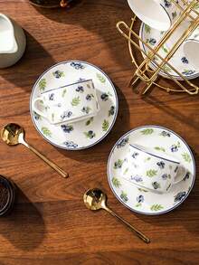 1 Set 100ml Ceramic Cup & Saucer, Fruit Pattern Espresso Cup, (With Gold Spoon) Suitable For Party, Afternoon Tea, Also For Restaurant, Living Room And Cafe, Ideal Holiday Gift - Multicolor - View 5