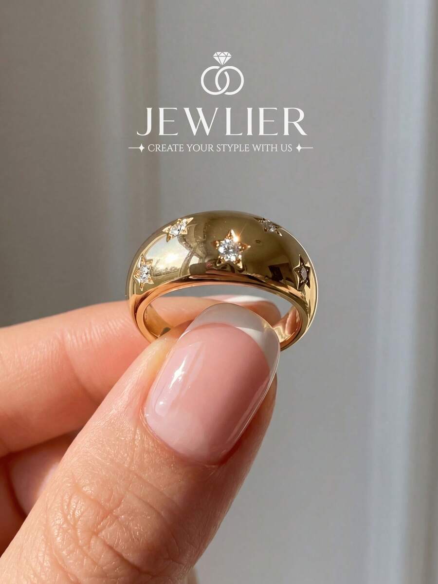 1pc Shiny Star-Shaped Ring, Women's Classic Transparent Sparkling Silver Band, Vintage Style, Suitable As Finger Accessory Or Gift