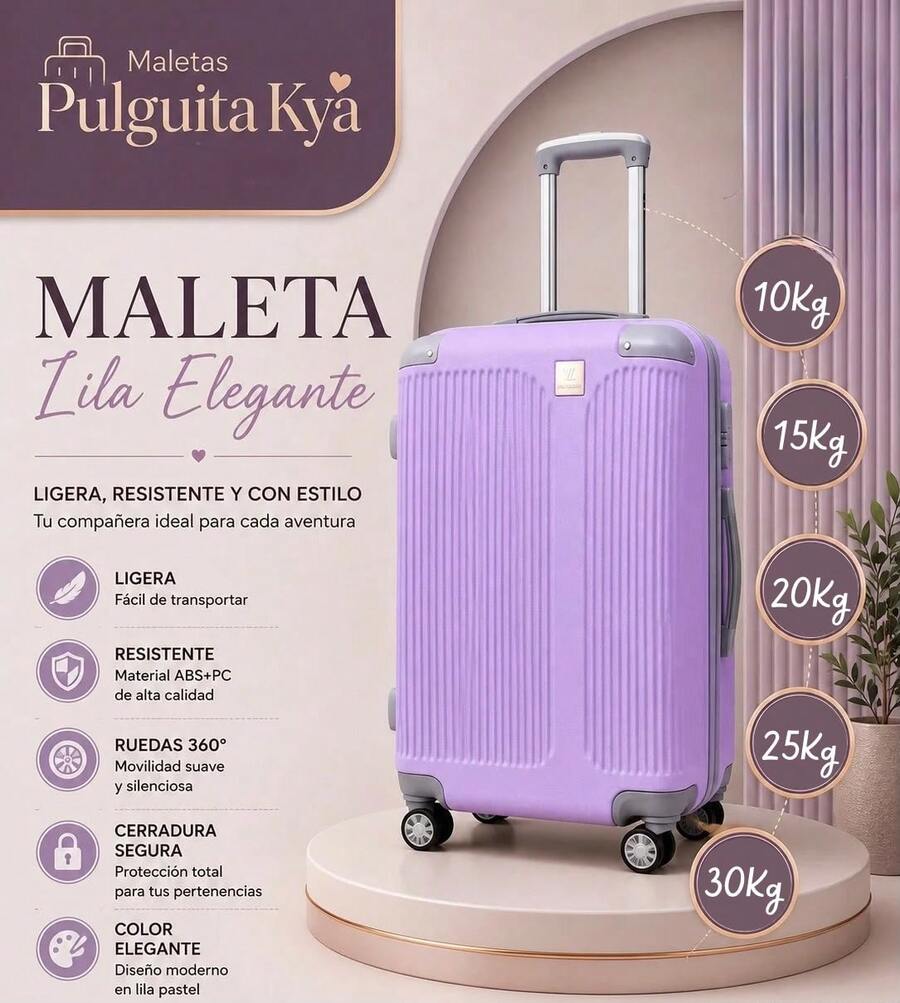 Maletas de viaje, 10, 15, 20, 25, 30 y 35 kg, Plástico ABS, difernetes colores, llantas giratorias y manija telescópica - Lila Púrpura - Ver 1
