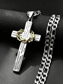 Hip Hop Two-Tone Crown Of Thorns Jesus Cross Pendant Necklace For Men Stainless Steel Gold Silver Color Crucifix Chain Jewelry - Necklace - View 9