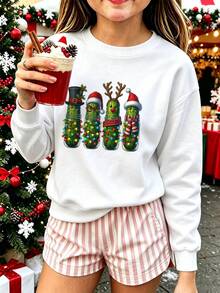 Christmas-Tween Girl Casual Fun Print Crew Neck Long Sleeve Sweatshirt, Ideal Outfit For Holiday Celebration! Autumn/Winter Top - White - View 1