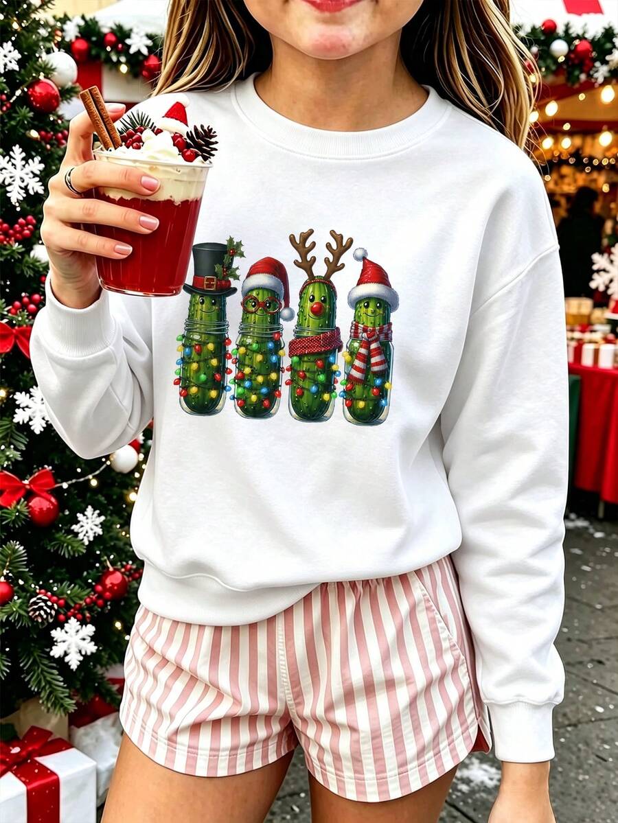 Christmas-Tween Girl Casual Fun Print Crew Neck Long Sleeve Sweatshirt, Ideal Outfit For Holiday Celebration! Autumn/Winter Top - White - View 1