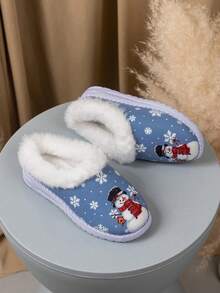 Girls Cute Playful Light Blue Snowman Print Plush Slippers, Thermal Lining Style, Suitable For Home Leisure Autumn/Winter Wear - Dusty Blue - View 5