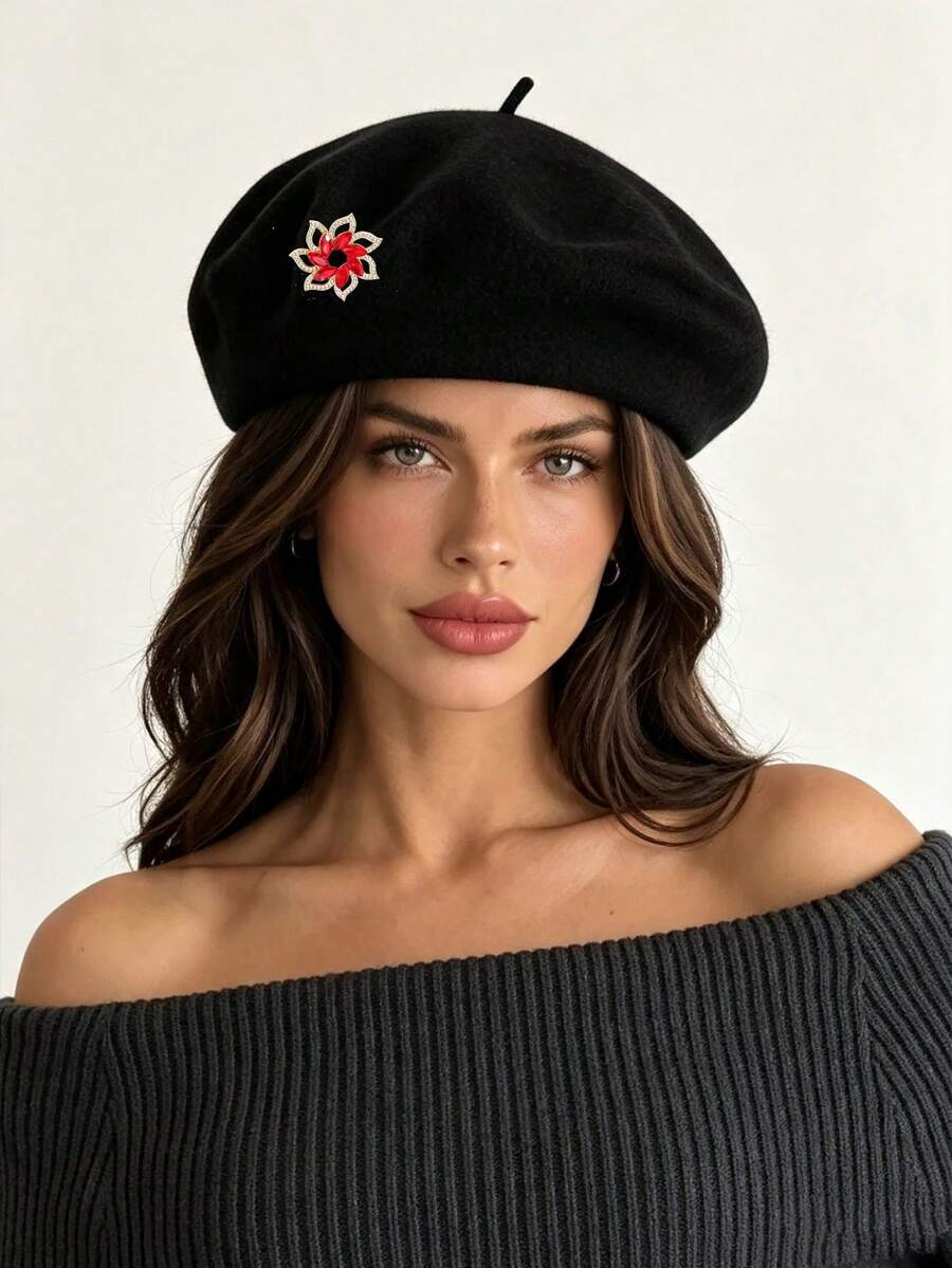 1pc Fashion Classic Warm Solid Color Beret Hat Painter Cap Flower (Detachable Accessory) - Black - View 1