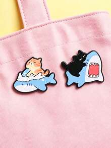 1pc/2pcs Fun Cat Riding Shark Enamel Brooch,Cute Marine Animal Lapel Pin,Creative Cartoon Style,Gift For Friends, Decoration For Backpack,Hat&Clothing - Multicolor - View 1