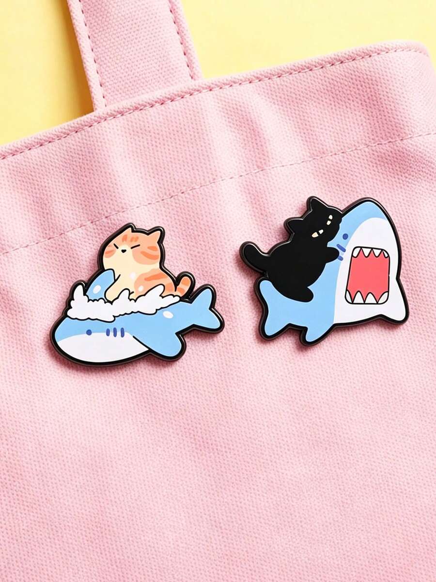 1pc/2pcs Fun Cat Riding Shark Enamel Brooch,Cute Marine Animal Lapel Pin,Creative Cartoon Style,Gift For Friends, Decoration For Backpack,Hat&Clothing - Multicolor - View 1