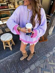Women's Plus Size Long Sleeve Colorblock Comfortable Versatile Knit Top - Purple - View 3