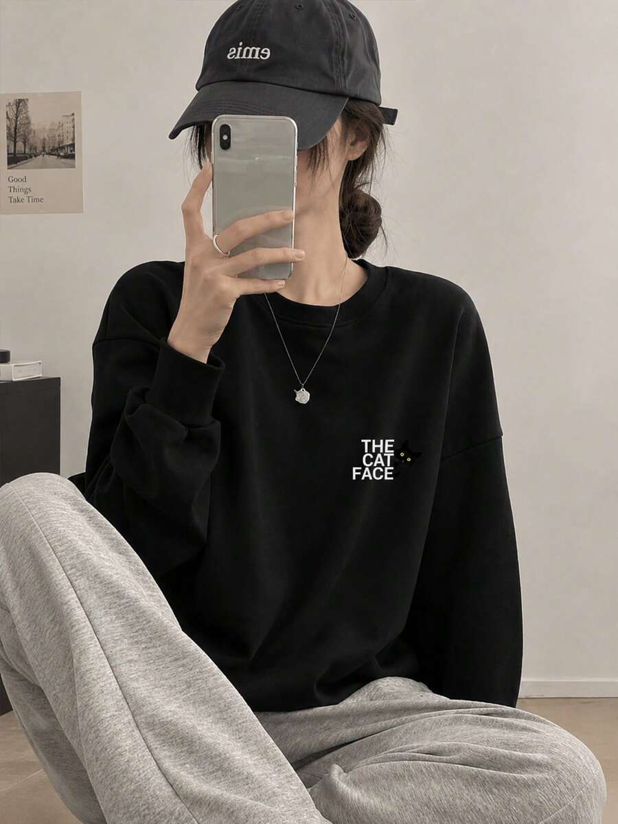 Women's Fashion Autumn/Winter Loose Casual Versatile Letter & Cartoon Cat Print Crew Neck Sweatshirt - Black - View 1