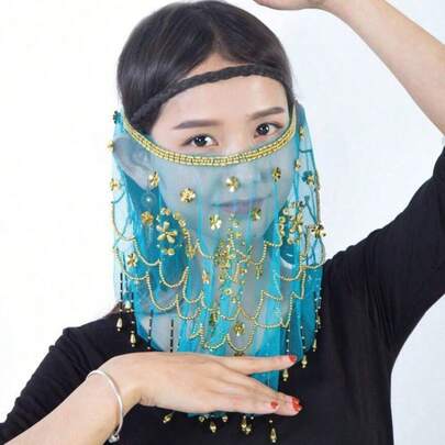 1pc Women's Belly Dance Veil, Exquisite Beaded Sequin Belly Dance Accessory
