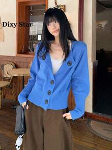 Collared Knitted Cardigan Autumn Slim Fit Flattering Long Sleeve Sweater Jacket - Blue - View 1