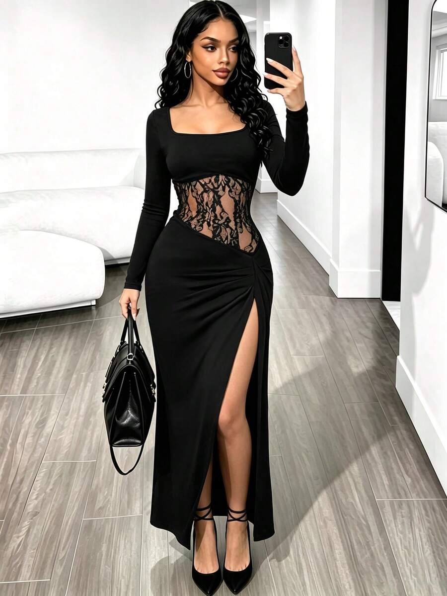 RNU Women's Black Square Neck Long Sleeve Evening Dress, Autumn/Winter Style, Sheer Lace Patchwork Bodice, Ruched Gathered Design, High Slit Knit Elastic Hem, Sexy Slim Fit High-End Texture, Suitable For Dinner, Party, Cocktail, Atmospheric Eye-Catching Dress - Black - View 1