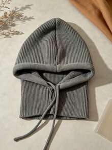 1pc Women's Winter Hooded Scarf Hat Crochet Solid Color Knitted Pullover Balaclava Drawstring Warm Hat Brimless Aviator Hat - Light Grey - View 6