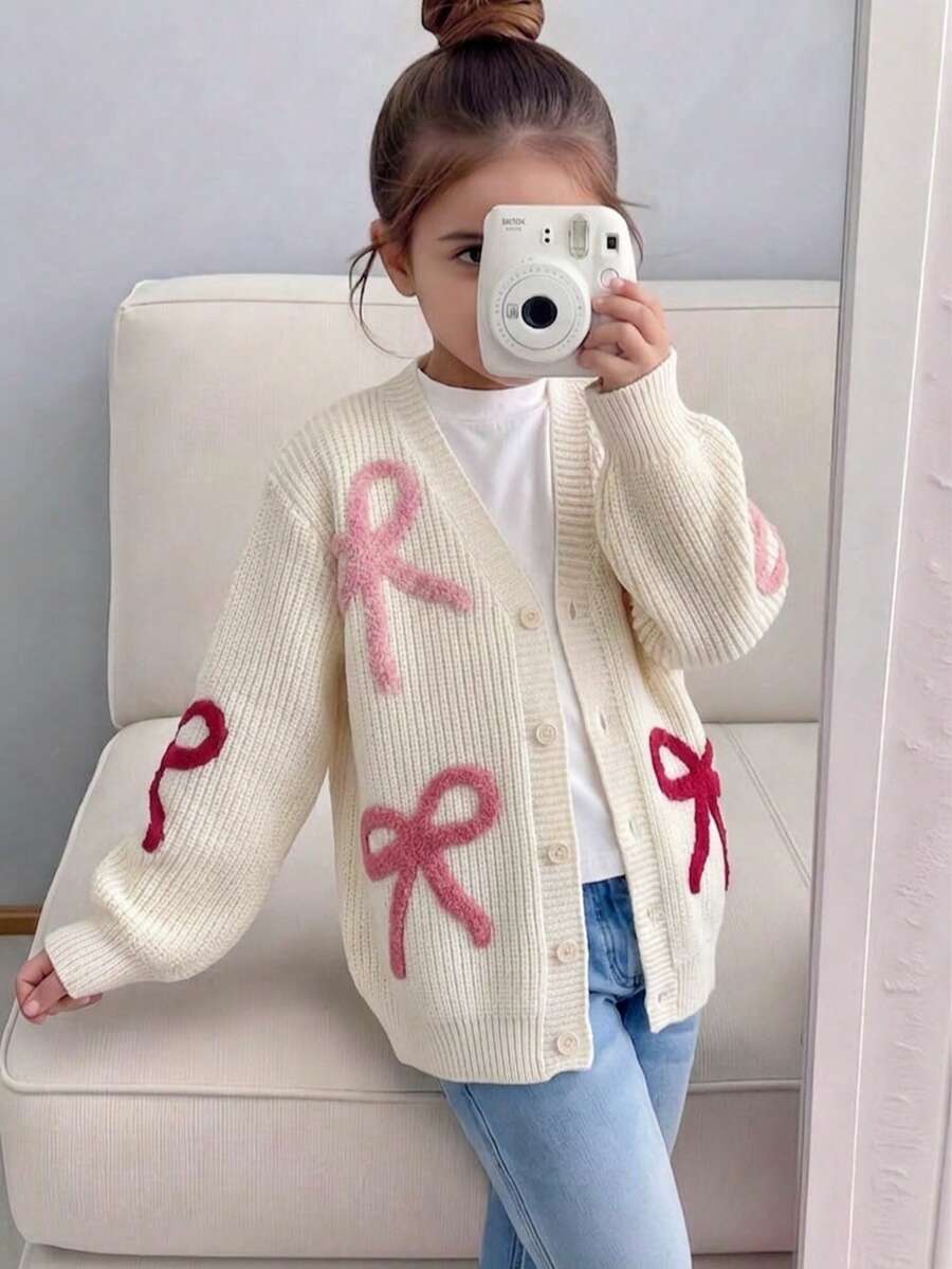 Girls' Cute Colorful Bow V-Neck Knitted Cardigan Sweater, Suitable For Daily Casual, Vacation, Spring, Autumn, Winter - Apricot - View 1