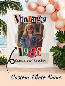 可客製化姓名與照片復古記憶 1986 生日快樂背景布，適用於婚禮、生日、室內/戶外派對背景裝飾攝影橫幅，聚酯纖維材質 - F款 - 查看 2