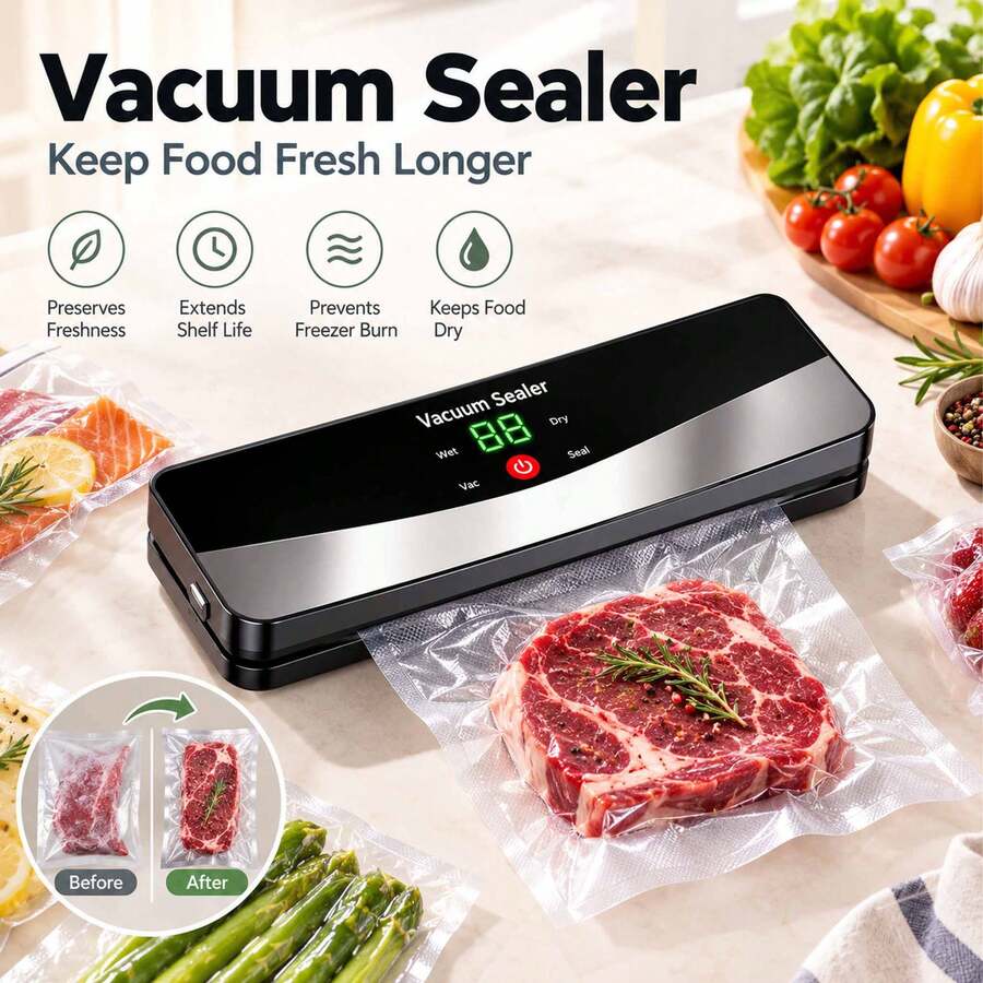 Wireless Vacuum Sealer With LED Display And Multiple Modes, Powerful Suction For Dry/Wet Foods, Supports Multi-Package Sealing, Rechargeable Long-Lasting Battery, 31cm Compact Kitchen Tool For Meat, Vegetables And Snacks Preservation