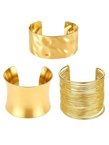 3Pcs Wide Gold Bracelet , Hammered/Polished/Multi Wire Open Bangle, Modern Minimalist Metal Wrist Cuffs, All Season Women Party Daily Bracelet - Multicolor - View 14