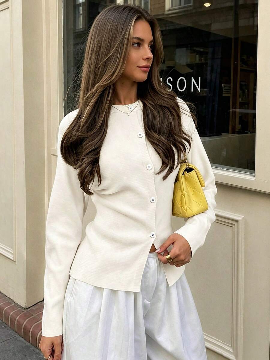 Cardigan de mujer Marisole casual minimalista blanco de cuello redondo manga larga con botones ajuste ceñido, top básico para vacaciones uso diario regreso a clases y salidas, otoño invierno - Blanco - Ver 1