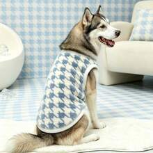 Houndstooth Pattern Large Dog Warm Vest, Single-Sided Fleece Design, Specially Designed For Medium And Large Dogs, Warm And Comfortable Pet Clothing, Decorated With White Soft Trim, Suitable For Medium And Large Dogs Winter Outdoor Wear - Dusty Blue - View 3