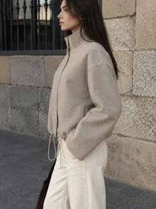Women's Fashion Knit Cardigan, Drawstring Hem, Stand Collar With Button Front Design, Short Length Height-Enhancing Jacket, Autumn Outfit Essential - Khaki - View 5
