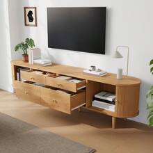 TV Stand With Rounded Edges, 3D Wave-Shaped Structure, Sliding Doors, 4 Drawers, Wooden Legs, And Metal Handles. - Natural + MDF + Particle Board - View 7