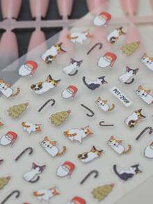 1pc Soft Cute Cartoon Kitten Santa Claus Nail Stickers, Minimalist Christmas Tree & Candy Cane Nail Decals, Christmas Theme, Shiny Surface, Cute Style, INS, Suitable For Holiday Parties And Autumn Outings - Multicolor - View 5
