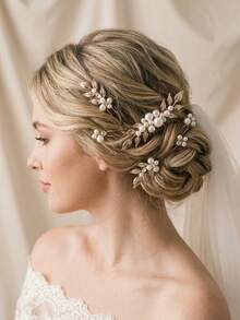 1 Set Vintage Leaf Faux Pearl Decorated Hair Stick & Comb Combination, Suitable For Bridal Wedding, Daily Wear, Party Accessories - Gold - View 1