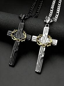 Hip Hop Two-Tone Crown Of Thorns Jesus Cross Pendant Necklace For Men Stainless Steel Gold Silver Color Crucifix Chain Jewelry - Necklace - View 7