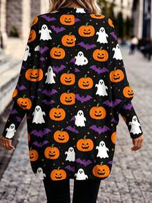 Women's Halloween Pumpkin Ghost Bat Print Cardigan Long Sleeve Loose Knit Sweater - Black - View 3