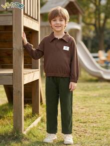 Vihyde Boys' Cute Retro Waffle Knit Raglan Polo Shirt & Corduroy Loose Wide Leg Pants 2 Pieces Set, Autumn/Winter - Dark Green - View 3