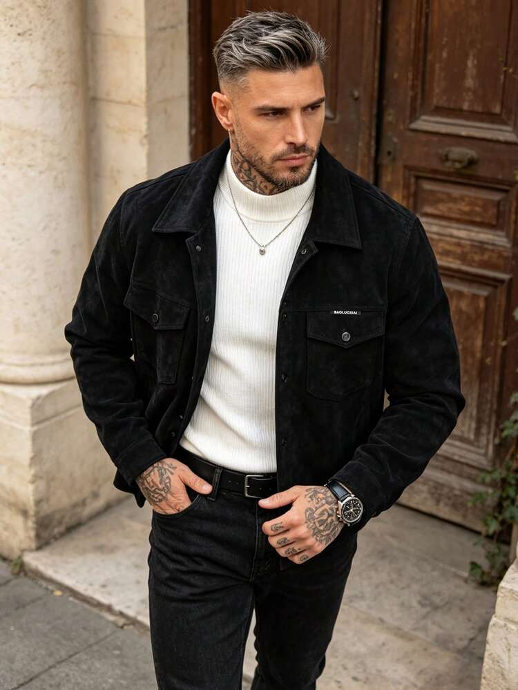 Men's Autumn/Winter Fashion Casual Solid Color Suede Jacket, Minimalist Versatile Stylish Lapel Leather Jacket - Black - View 4