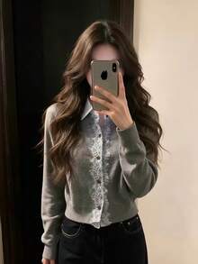 Women's Grey Lace Trim Polo Collar Top, College Style 2 In 1 Knit Cardigan - Grey - View 5