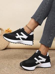 Women Casual Sneakers, Lace Up Closure, Layered Panel Design - Black - View 6