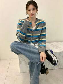 YCYC 韓系 Ins 風尚百搭長袖修身針織開襟衫 T-shirt - 灰色 - 查看 2