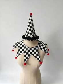 1set Black White Check Clown Hat And Star Shape False Collar Set With Red Pom Poms Halloween Circus Cosplay Costume Accessory For Carnival Theme Party - A - View 12