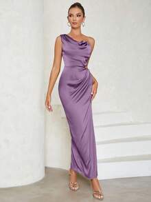 Cold Shoulder Sleeveless Solid Color Ruched Waist Cutout Slit Bodycon Dress - Purple - View 4