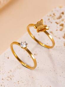2pcs Stainless Steel Fashion Delicate Matte Butterfly Single Rhinestone Thin Band Rings For Women, Gold Color Minimalist Niche Stackable Finger Rings, Versatile Daily Commute Jewelry - Gold - View 2