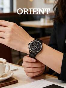 Orient Jam Tangan Wanita Quartz Casing Lapis Hitam Strap Kulit Hitam Dial Hitam Matte Bezel Kristal Kronograf Multifungsi - Hitam - View 1