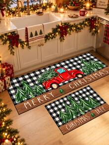 1pc Christmas Black & White Plaid Print Kitchen Floor Mat, Merry Christmas Lettering Red Vintage Truck & Christmas Tree Pattern Long Runner Rug, Wood Grain Patchwork American Country Farmhouse Style - Multicolor - View 4