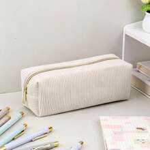 1/2pcs Solid Color Plaid Multifunction Pencil Case, Diamond Pattern Large Capacity Pencil Case, Stationery Bag, Student Pencil Case (Fuzzy School Pencil Case) - Corduroy Small - View 2