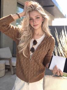 Women's Winter Knitted Cardigan, Hooded Long Sleeve Double Zipper Short Cable Knit Sweater, Suitable For Autumn Wear - Camel - View 5