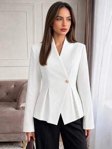 SUNSTORY Women's White Waist-Cinched Ruffle Blazer, V-Neck Single-Button Long Sleeve Pleated Suit Jacket, Suitable For Office Commute - White - View 1